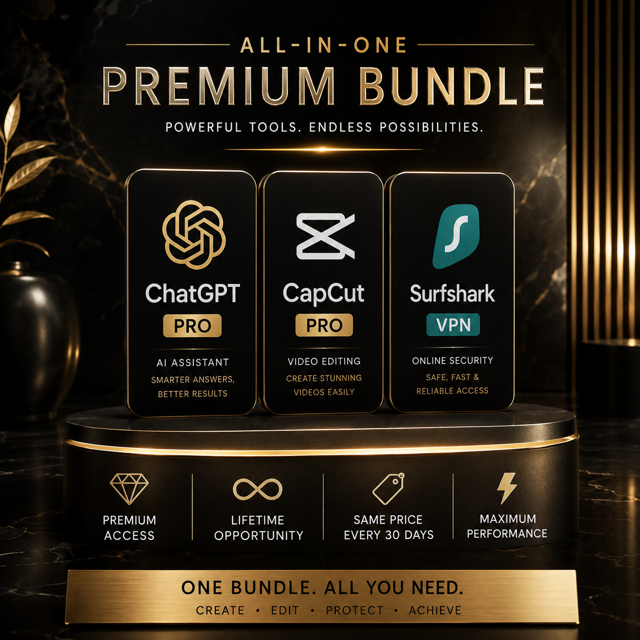 All-In-One Premium Bundle | ChatGPT Pro, CapCut Pro & Surfshark VPN | Premium Access | Instant Digital Delivery