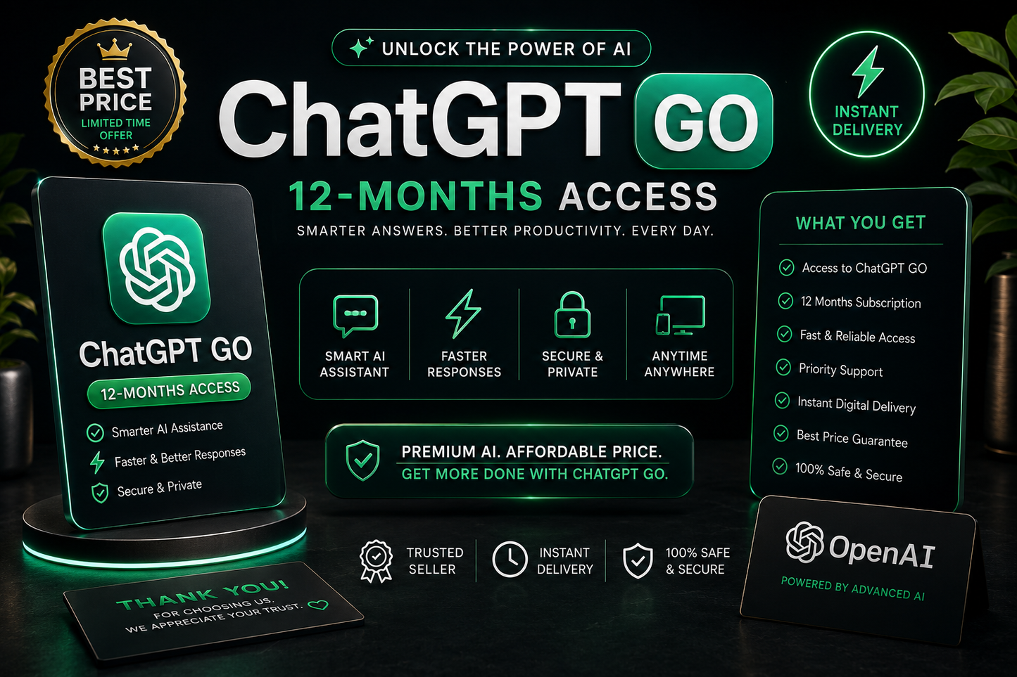 ChatGPT GO 12-Month Access | Requires 30days Renewal At Same Price | Instant Digital Delivery | Best Price