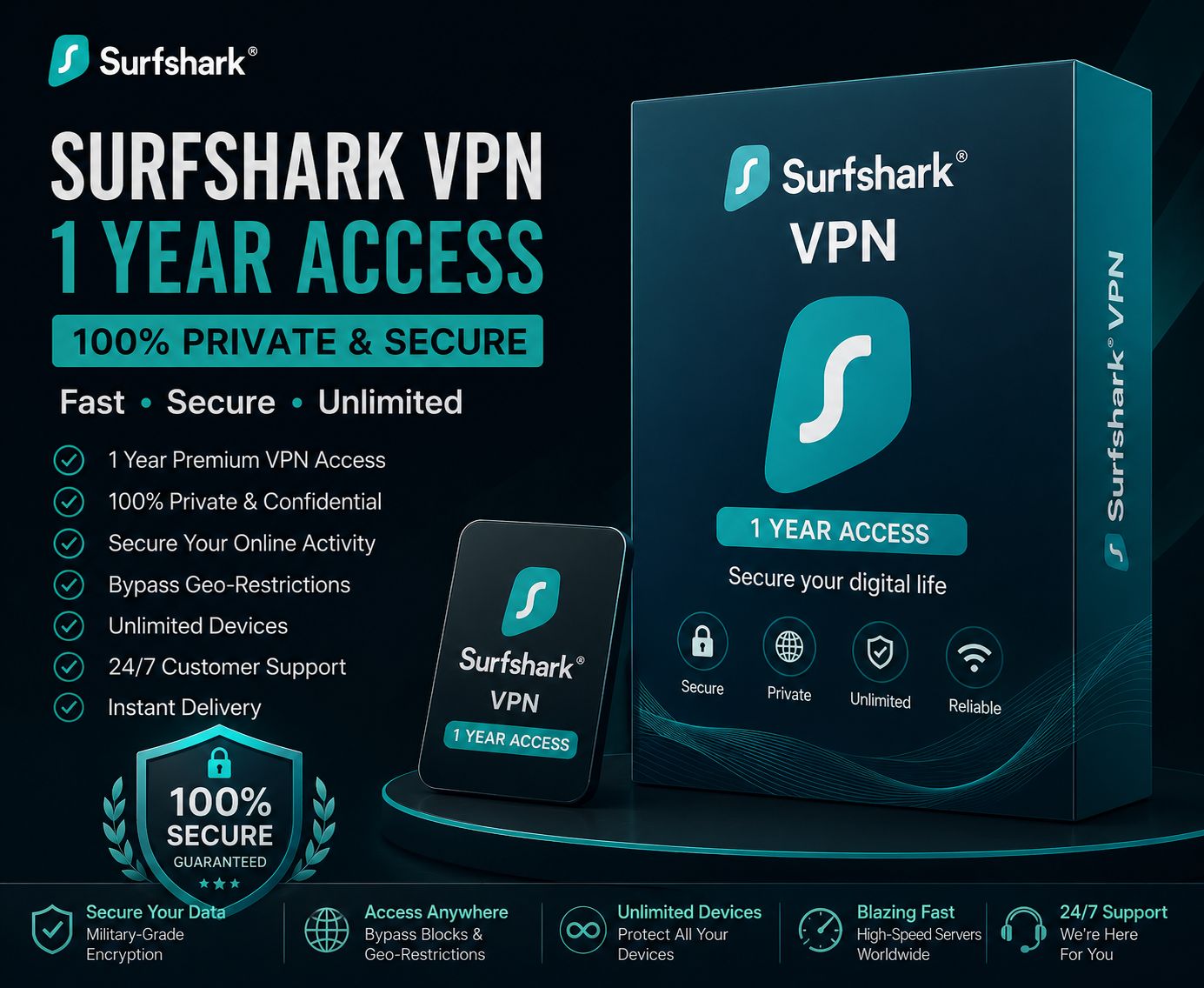 Surfshark VPN 1-Year Subscription | Best Price Online | Unlimited Devices | Instant Digital Delivery